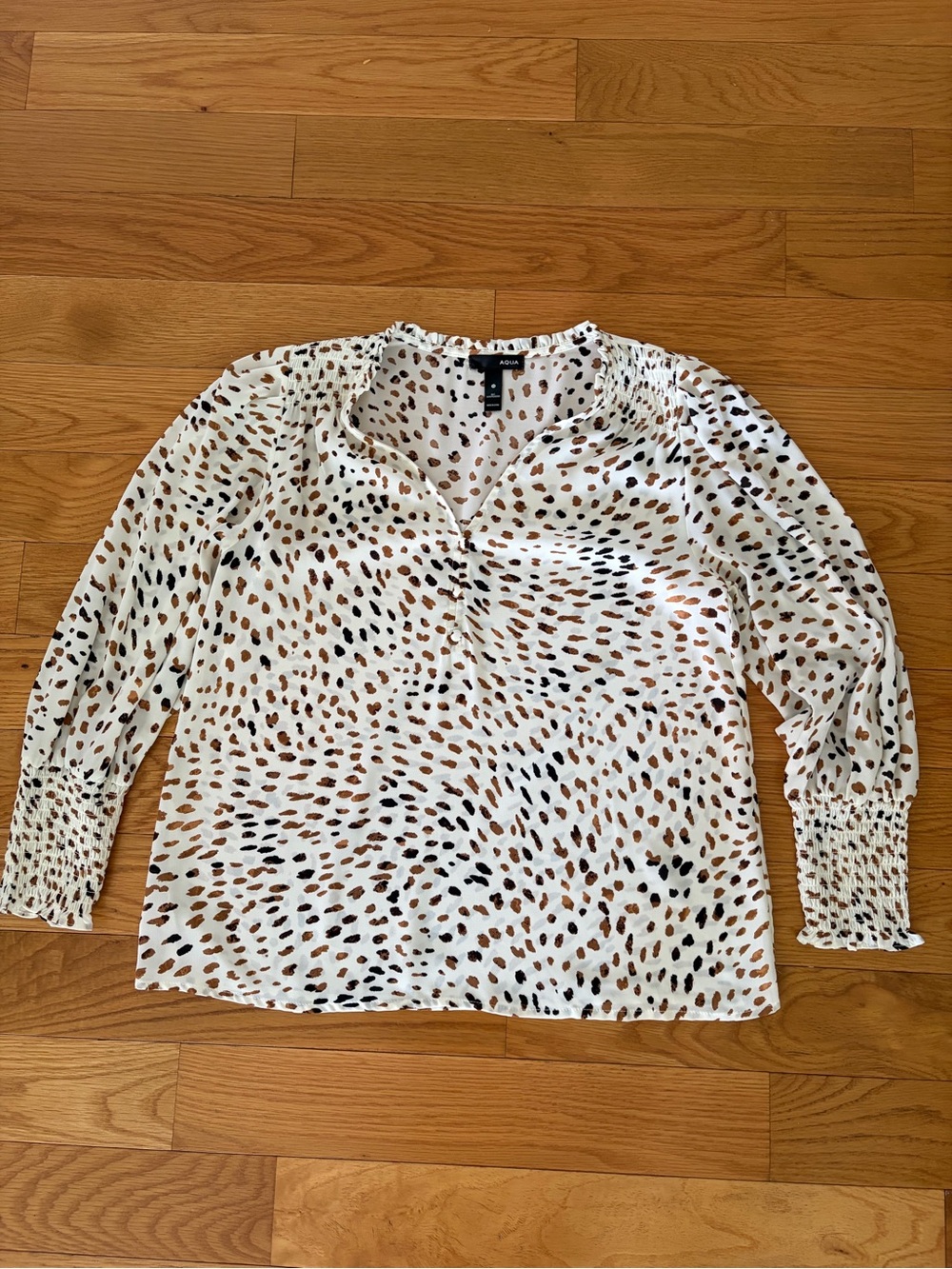 Aqua Cream Spot-Print Smocked Cuff Blouse